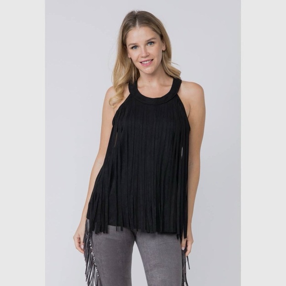Black Fringe Faux Suede Sleeveless Top - Picture 3 of 6
